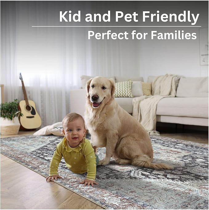 Bloom Rugs Washable Non-Slip 3' x 5' Rug - Charcoal/Brown Traditional Medallion Area Rug for Living Room, Bedroom, Dining Room, and Kitchen - Exact Size: 3' x 5'
