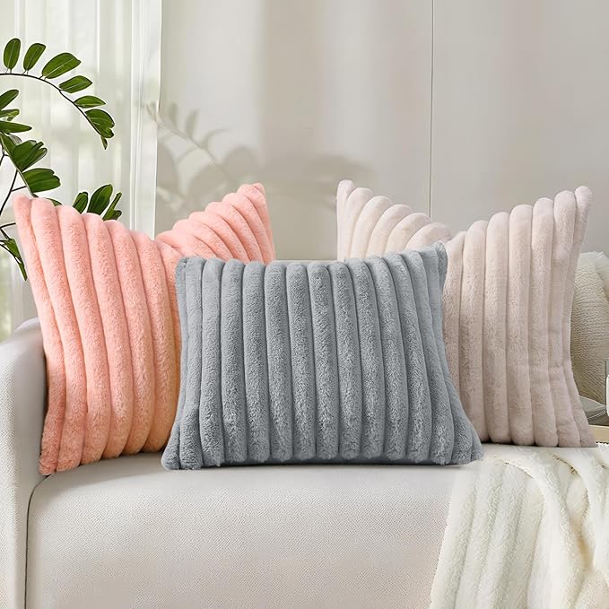 decorUhome Faux Fur Christmas Throw Pillow Covers 16x16 Set of 2, Decorative Soft Plush Striped Neutral Couch Euro Pillow Covers with Velvet Back for Sofa, Bed, Living Room Home Decor, Beige