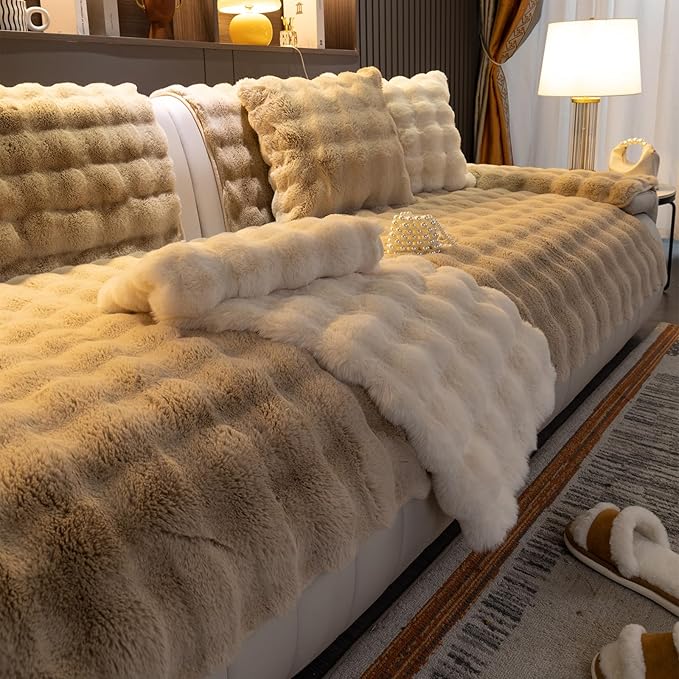 Faux Fur Couch Cover, Soft Warm Plush Sofa Couch Cover, Non Slip Sectional Sofa Slipcovers for L Shaped, Washable Furniture Protector for Kids, Dogs(Khaki, 36"x 83")