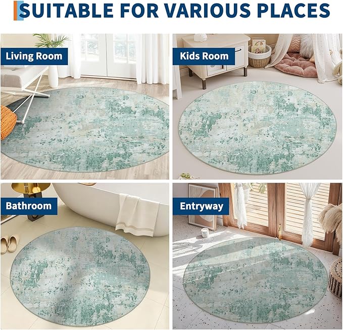 Modern Abstract 4x4 Round Area Rug Non Slip Non Shedding Rug Low Pile Stain Resistant for Bedroom Living Room Office Dining Room,Green