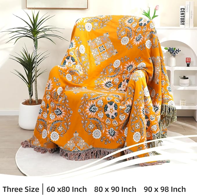 Boho Throw Blanket, 100% Cotton Soft King Yellow Throw for Bed-Floral Farmhouse Decor Blanket, Reversible Bohemian Throw for Sofa Chair Couch Quilt and Gift, 91" x 98"