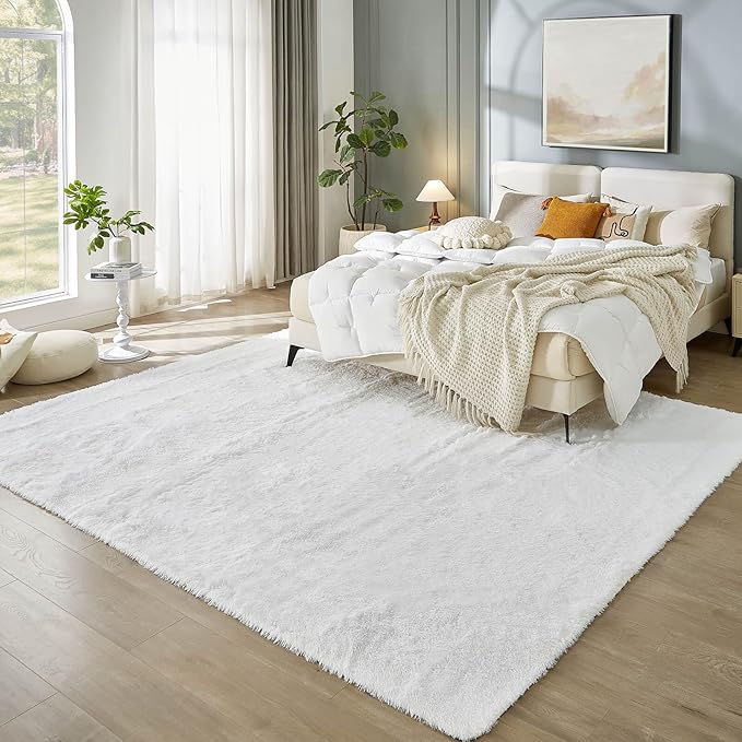 Floralux Bedroom Rug 8x10, Large White Shag Rugs, Soft Fluffy Shag Area Rug for Living Room, Plush Modern Floor Carpet for Boys Girls Room, Dorm Home Decor Aesthetic