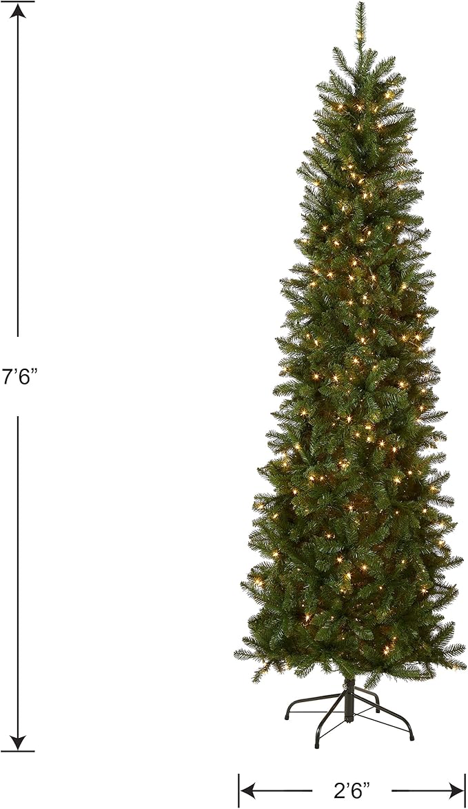 National Tree Company 7.5 ft Pre-Lit Kingswood Fir Slim Artificial Christmas Tree, 350 Clear Lights, 1,075 Tips, Includes Stand, Green