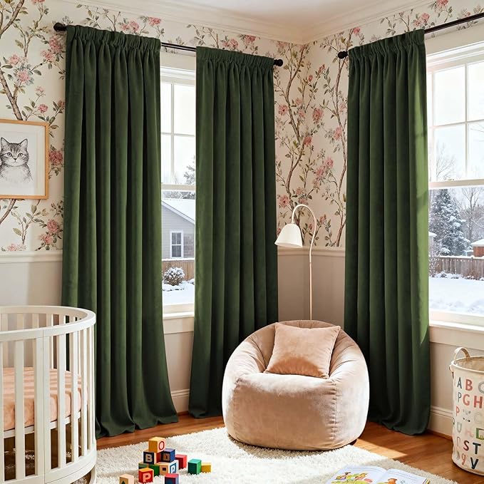 Lazzzy Velvet Blackout Curtains Thermal Insulated Room Window Drapes Super Soft Luxury Curtains for Living Room Bedroom Rod Pocket 2 Panels, Moss, 52" W x 102" L