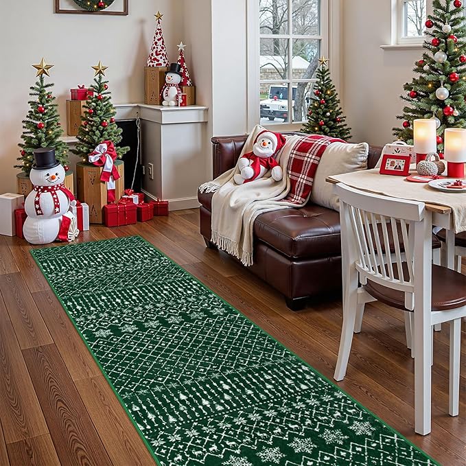 Lahome Christmas Runner Rug 2x6 for Hallway Green Non Slip Washable Low Pile Carpet Xmas Snowflake Holiday Decor Throw Rug Runner for Kitchen Entryway Laundry Narrow Porch Space Home Decor