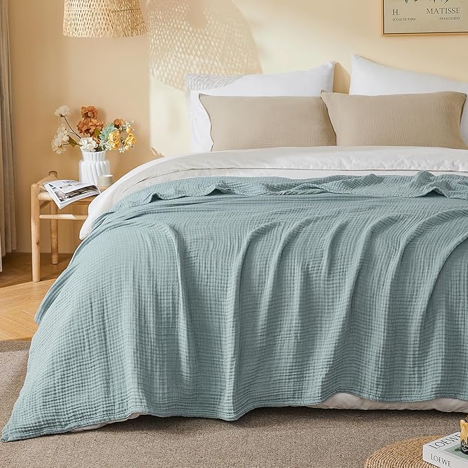 EMME Cotton Muslin King Blanket Bed Layering Bedspread Coverlet Breathable Gauze Blanket Soft Lightweight (Heather Teal, 108"x90")
