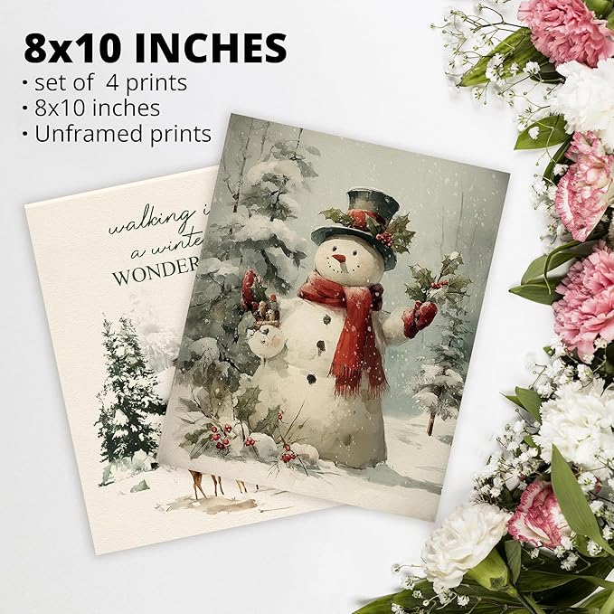 AEHIE Vintage Winter Holidays Snowman Wall Art Poster Prints for Home,Rustic Reindeer pine tree Decor, Snow Forest Frost Pictures Xmas Tree Deer Mountain House Photo Wall Art Unframed 4pcs 8x10inch