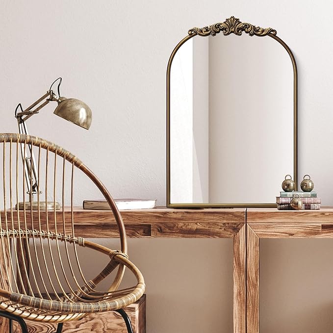 Ornate Baroque Vintage Gold Arched Wall Mirror 19"x27" โ Antique Brass Vertical Decorative Mirror with Full Metal Frame, Ideal for Bedroom, Bathroom, Entryway, or Hallway