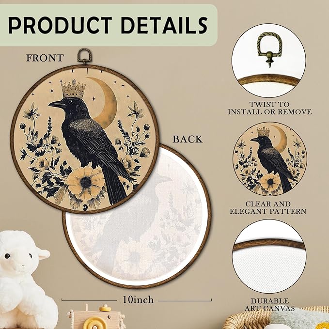 cvjutf Whimsical Gothic Black Raven Wall Art Decor Framed, Witchy Whimsigoth Dark Academia Crowned Crow Round Wall Decor, Vintage Fantasy Unique Canvas Prints Art for Home Bedroom Living Room, 10x10