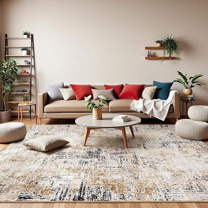 Rugflix 5x7 Area Rug for Living Room, Washable Modern Abstract Rug Low-Pile Non Slip Backing, Soft Large Farmhouse Carpet for Bedroom Dining Room Home Office, Brown Grey