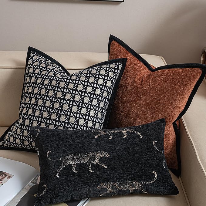 New 12x20'' inches Throw Pillow Cushion Covers - Black Color with Chenille Jacquard Embroidery Golden Leopard Luxury Modern Style Couch Sofa Bed Pillow Cover for Living Room Bedroom