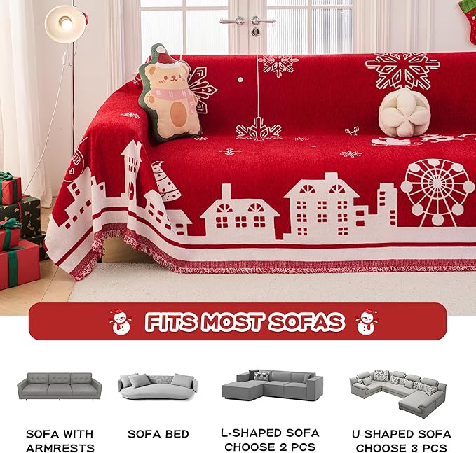 MEETSKY Red Christmas Couch Cover for Dogs, Chenille Sofa Throw Cover for Love seat Sofa with Pets Friendly, Thick Soft Fabric Jacquard Sofa Covers Washable Modern Style for Living Room, 71" x 102"