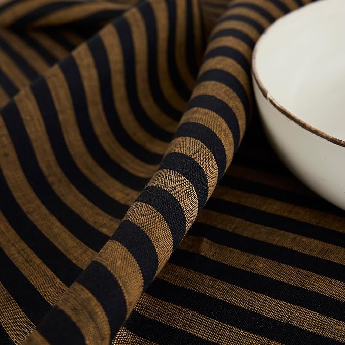 Solino Home Linen Tablecloth 60 x 108 Inch - Amalfi Stripe 100% Pure Linen Brown Sugar and Black Table Cloth for Rectangle Tables - Machine Washable Fabric Tablecloth for Fall, Autumn, Thanksgiving