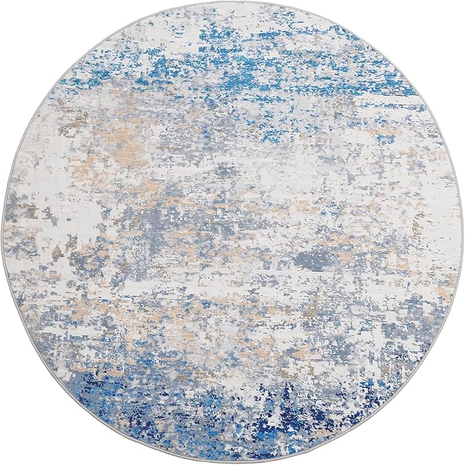 Modern Abstract 4x4 Round Area Rug Non Slip Non Shedding Rug Low Pile Stain Resistant for Bedroom Living Room Office Dining Room,Blue/Grey