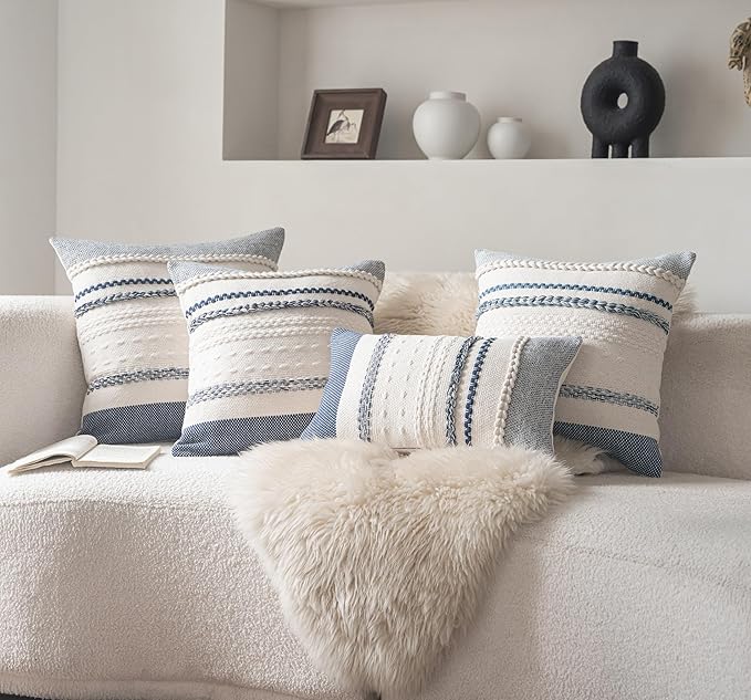 Boho Throw Pillow Covers 18x18 Inch Set of 2, Navy Blue Textured Decorative Couch Pillow Cases for Farmhouse Home Decor, Accent Cushion Cover for Sofa, Bed, Living Room, Bedroom