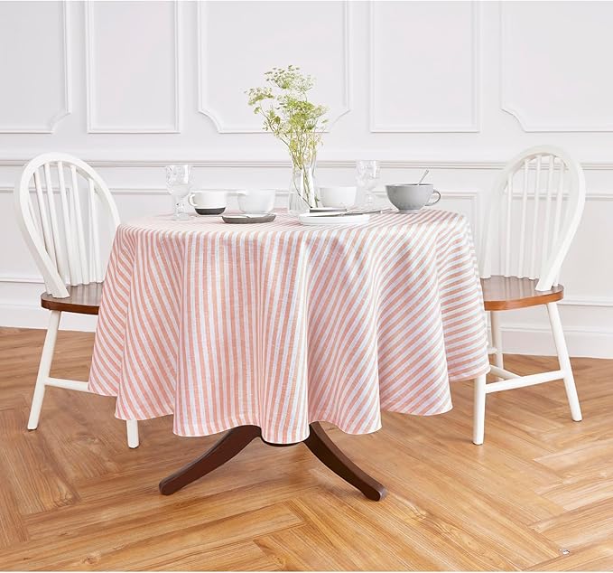 Solino Home Linen 60 Inch Round Tablecloth - Amalfi Stripe, 100% Pure Linen Coral and White Round Tablecloth - Machine Washable Table Cloth
