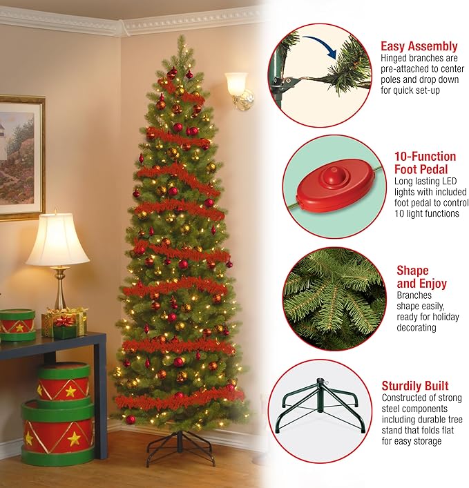 National Tree Company 7.5 ft Pre-Lit Downswept Douglas Fir Slim Artificial Christmas Tree, 350 LED Lights, 796 Tips, Foot Pedal, 10 Light Functions, Includes Stand, Green