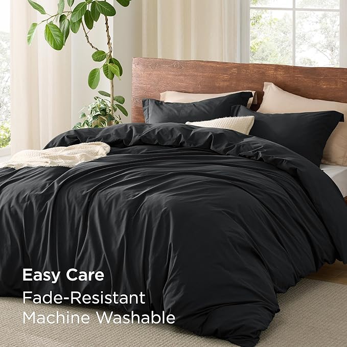 Bedsure 100% Washed Cotton Duvet Cover Queen Size - Black Minimalist Cotton Duvet Cover Linen Like for All Seasons - GentleSoft™ Plain Simple Bedding (Black, Queen, 90"x90")