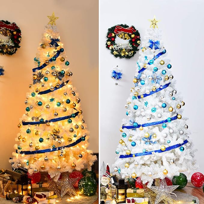 GOFLAME 7FT Artificial White Christmas Tree Home Holiday Décor, Metal Stand PVC Material 950 Branches Indoor Decoration, Easy Assembly