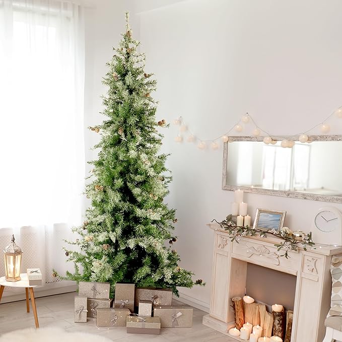 Fraser Hill Farm 9-Ft. Buffalo Fir Slim Artificial Christmas Tree with Dual Multicolor & Warm White LED Lights, Prelit Foldable Fake Tree with Realistic Snowy Foliage and Pinecones for Home