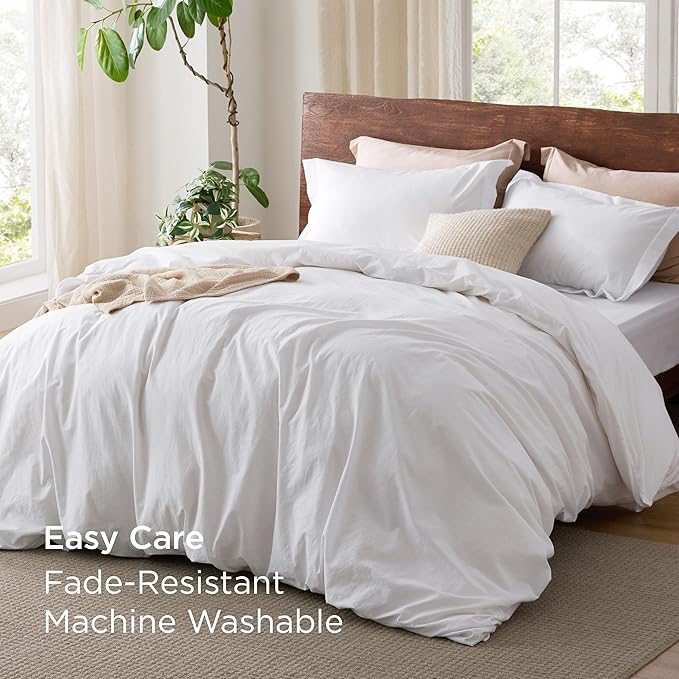 Bedsure 100% Washed Cotton Duvet Cover King - Bright White Minimalist Duvet Cover Linen Like for All Seasons - GentleSoft™ Plain Simple Cotton Bedding, 3 Pieces (Bright White, King, 104"x90")