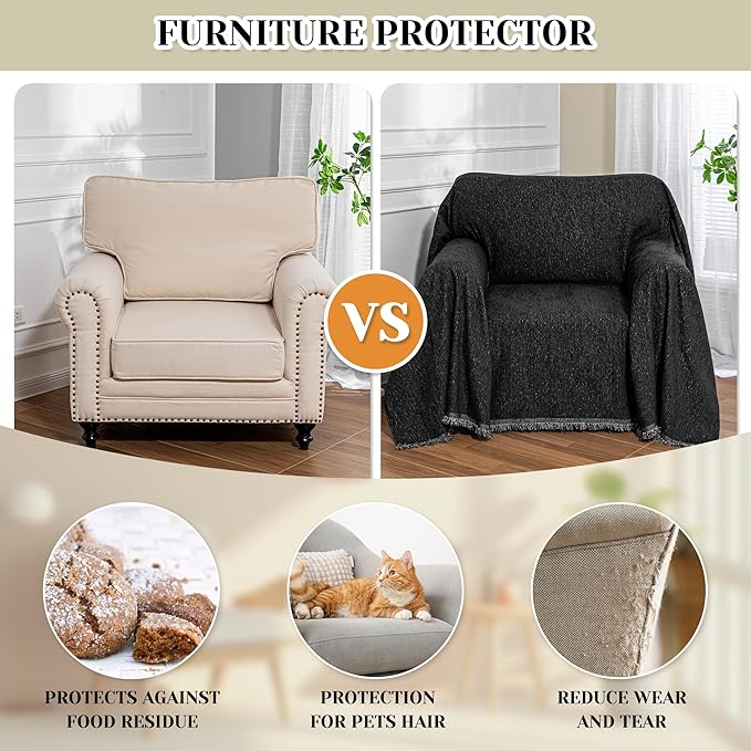 MEETSKY Black Oversized Chair Cover, Chenille Armchair Couch Cover for 1 Cushion Couch for Dog, Sofa Slipcovers Furniture Protector for Pet, 71" X 91"