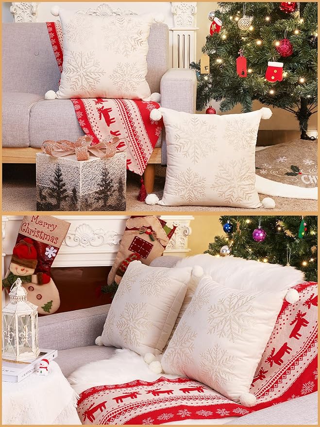 Lewondr Christmas Throw Pillow Covers, Snowflake Embroidery 20x20 Pillowcases Home Xmas Gold Decorative 2 Pack Cushion Covers Soft for Sofa Bed Chair, White&Yellow