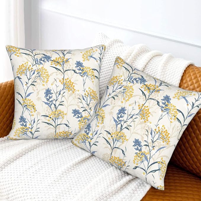 Spring Summer Seasonal Pillow Covers 18x18 Inch Set of 2 Watercolor Blue Yellow Flower Throw Pillow Cover Vintage Plant Floral Square Pillowcase Cushion Cases for Home Couch Bed Sofa