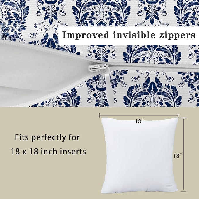 LOVOUS Navy Blue and White Damask Throw Pillow Covers 18x18 Inch Set of 2, Vintage Linen Decorative Pillow Covers for Bed Couch Sofa Bedroom Living Room Home Decor, B16