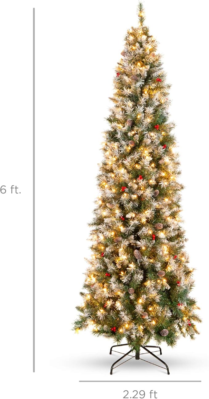 Best Choice Products 6ft Pre-Lit Pencil Christmas Tree, Partially Flocked Pre-Decorated for Home, Skinny Frosted Holiday Tree w/ 618 Tips, 250 Lights, Pine Cones, Metal Hinges & Base