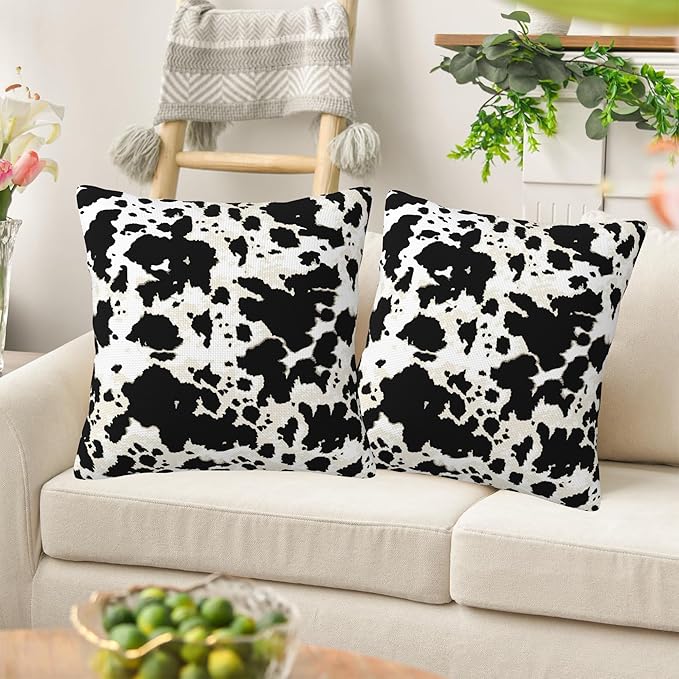 Black and White Cow Spot Print Pillow Covers 18X18 Set of 2, Cowhide Animal Skins Decorative Throw Pillow Covers, Pillowcase Cushion Case for Home Sofa Couch Indoor Outdoor Decorations