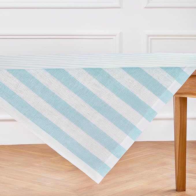 Solino Home Linen Tablecloth 52 x 52 Inch - Cabana Stripe, 100% Pure Linen Aqua and White Square Tablecloth - Machine Washable Table Throw
