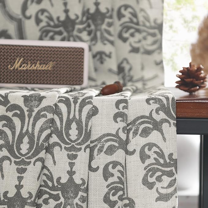 jinchan Linen Curtains for Bedroom Grey Damask Patterned Curtains 72 Inches Long for Living Room Light Filtering Vintage Baroque Style Drapes Grommet Window Treatments 2 Panels Set