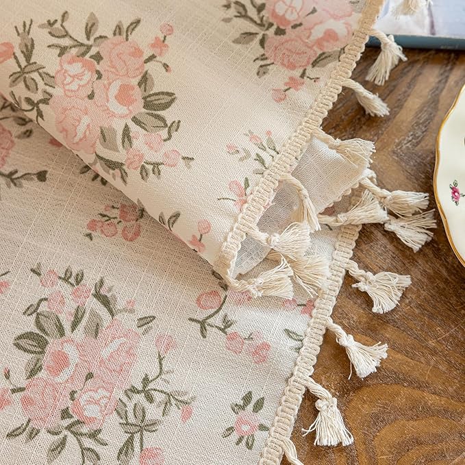 OYX Pink Boho Floral Curtains 84 Inch Long 2panels, French Vintage Farmhouse Patterned Decor Window Drapes with Tassels, Girls Semi-Sheer Light Filtering for Bedroom Living Room (Rod Pocket, 52wx84l)