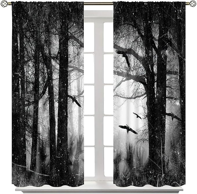 Gothic Forest Blackout Curtains, Foggy Forest Dead Trees Crow Halloween Style Black White Scary Print Window Treatments, for Bedroom Living Room 31.5(W)*72(L) 2 Panels