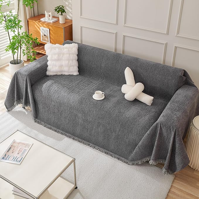 DREAMINGO Sofa Covers Washable Thick Chenille Couch Cover for 3 Cushion Couch Sofa Multi-Use Couch Cover Blanket Modern Pet Furniture Protector Sectional Couch Slipcover 91"x134", Dark Grey