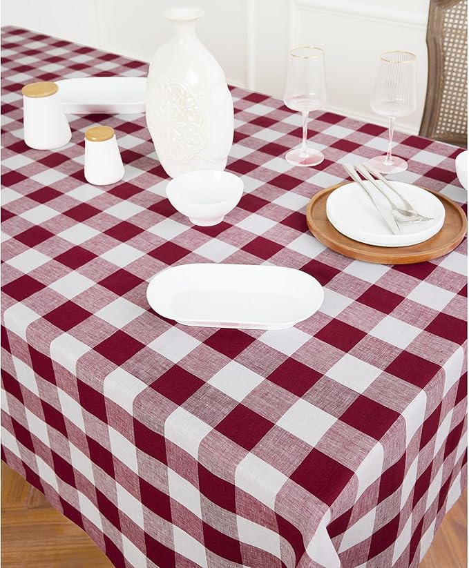 Solino Home Checkered Tablecloth 60 x 108 Inch - 100% Pure Linen Burgundy and White Buffalo Plaid Table Cloth for Rectangle Tables - Machine Washable Tablecloth for Fall, Autumn, Thanksgiving