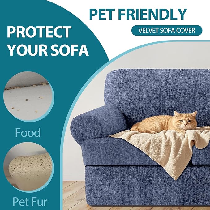 T Cushion Loveseat Slipcover 3 Pieces Sofa Covers for T Cushion Sofa Stretch Slip Covers for 2 Cushion Couch with 2 Individual T Shape Seat Covers (Blue Gray, 2 Cushion)