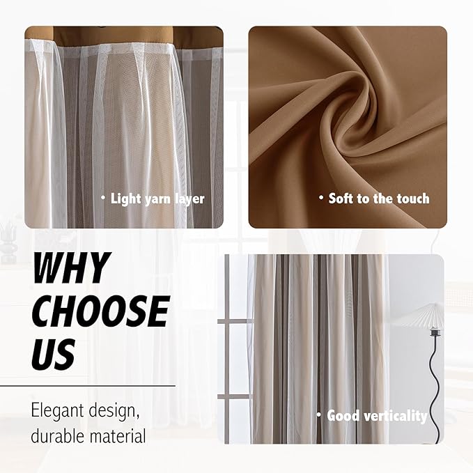 Anytime Home Curtains Blackout and Sheer Layered Solid Window Curtain Panel Pair with Grommet Top, 52Wx63L,Coffee