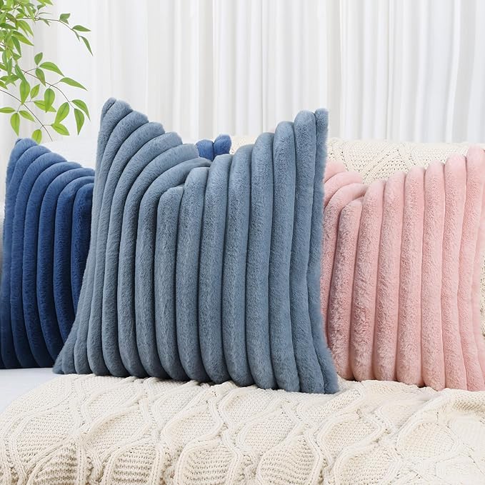 decorUhome Faux Fur Christmas Throw Pillow Covers 16x16 Set of 2, Decorative Soft Plush Striped Neutral Couch Euro Pillow Covers with Velvet Back for Sofa, Bed, Living Room Home Decor, Grey Blue