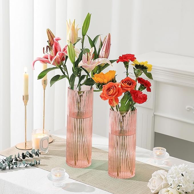 Pink Glass Vase for Flowers Ribbed Glass Vase, Pink Flower Vase, Tall Cylinder Glass Vases for Centerpieces, Living Room, Bedroom, Dining Table, Office, Wedding, Bookshelf Decoration,10 Inches