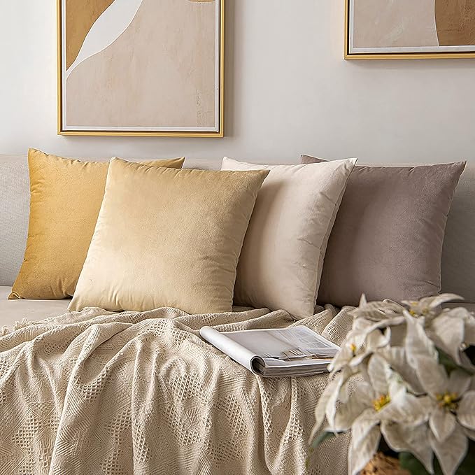 MIULEE Pack of 2 Beige Velvet Throw Pillow Covers 12x20 Inch Soft Solid Decorative Set Lumbar Cushion Cases for Spring Couch Sofa Bedroom