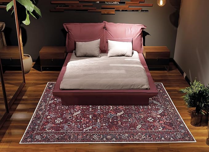 Bloom Rugs Washable Non-Slip 5' x 7' Rug - Burgundy Traditional Bordered Area Rug for Living Room, Bedroom, Dining Room, and Kitchen - Exact Size: 5' x 7'