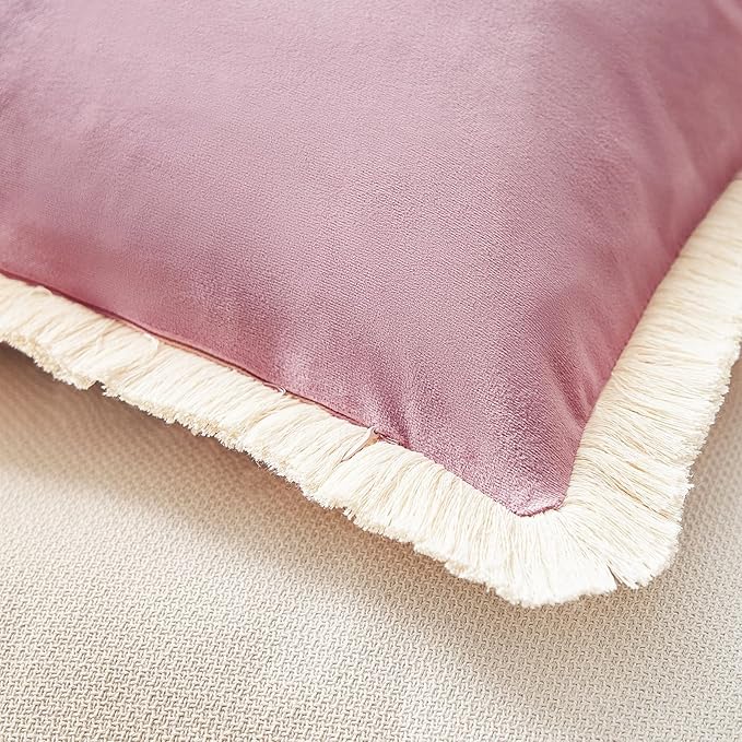 MONDAY MOOSE Decorative Throw Pillow Covers Cushion Cases, Set of 2 Soft Velvet Modern Fringe Tassel Designs, Mix and Match for Home Decor, Pillow Inserts Not Included (Dusty Pink, 18x18 inch)