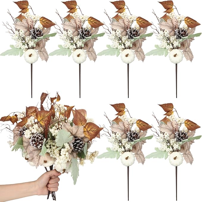 6 Pcs Thanksgiving Centerpiece for Table Thanksgiving Picks and Sprays Artificial Neutral Maple Leaves Branches 14 Inches Fall Fake Pumpkin for Harvest Decoration