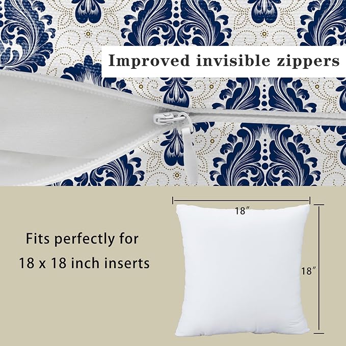 LOVOUS Navy Blue and White Damask Throw Pillow Covers 18x18 Inch Set of 2, Vintage Linen Decorative Pillow Covers for Bed Couch Sofa Bedroom Living Room Home Decor, B19
