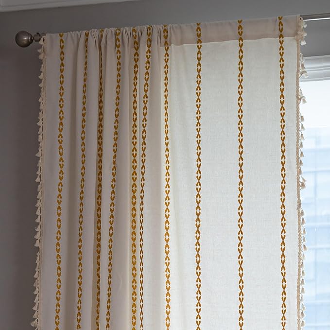 Sutuo Home Boho Curtains for Bedroom Living Room 108 inches Long,Semi Blackout Farmhouse Tassels Vintage Bohemian Embroidery Drape, Rod Pocket 1 Panel 52" W x 108" L, White and Gold