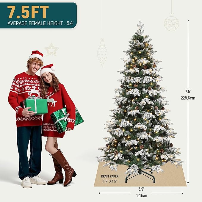 YITAHOME 7.5FT Prelit Christmas Tree w/Remote Control, Hinged Artificial Pre-Decorated Tiered Flocked Christmas Tree w/ 1200 PE&PVC Mixed Frosted Tips and Pinecones, w/ 11 Lighting Modes & 3 Timers