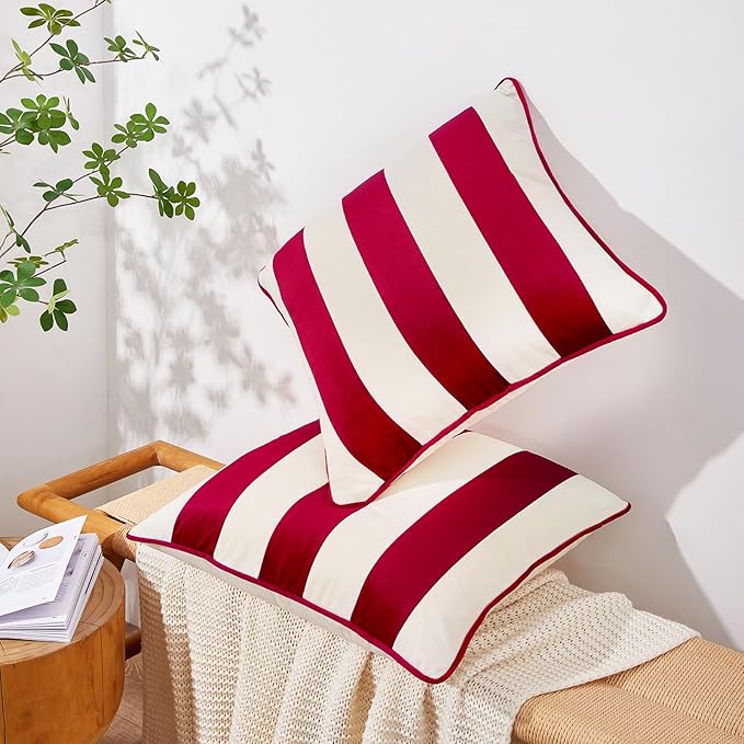 MONDAY MOOSE Christmas Decorative Throw Pillow Covers Cushion Cases, Set of 2 Soft Velvet Striped Piping Edge Designs, Pillow Inserts Not Included (Red/White, 18x18 inch)