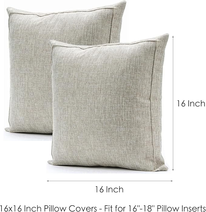 Jepeak 16x16 Inch Burlap Linen Throw Pillow Covers, Pack of 2 Decorative Farmhouse Rustic Neutral Pillow Cases Square Durable Cushion Cover for Sofa Couch Bed Home Decor, Beige/Khaki Threads